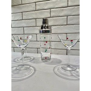 Art Deco Glass Martini glasses Confetti with Matching Shaker Qty‎ 3